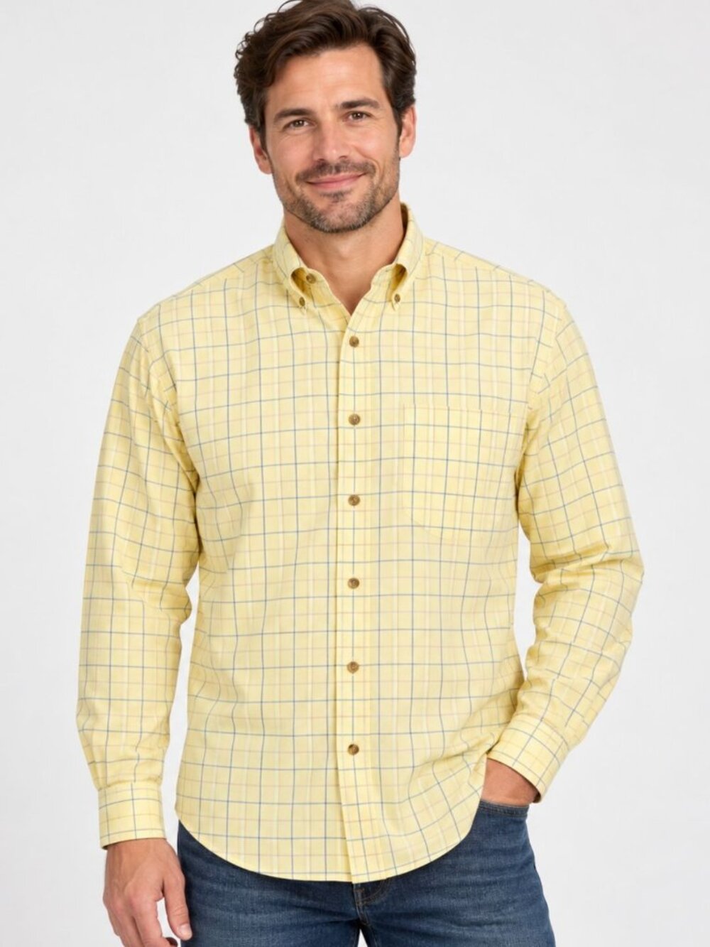 LL Bean Mens Shirt Wrinkle Free Check Traditional Fit Yellow Button Size M - Reg